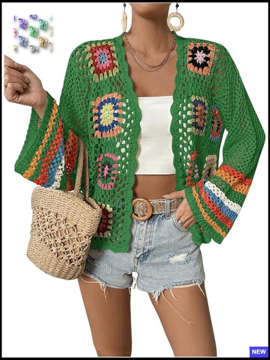 Sweaters - Floral Crochet Cardigan Open Front Long Sleeve Loose Boho Chic Sweater